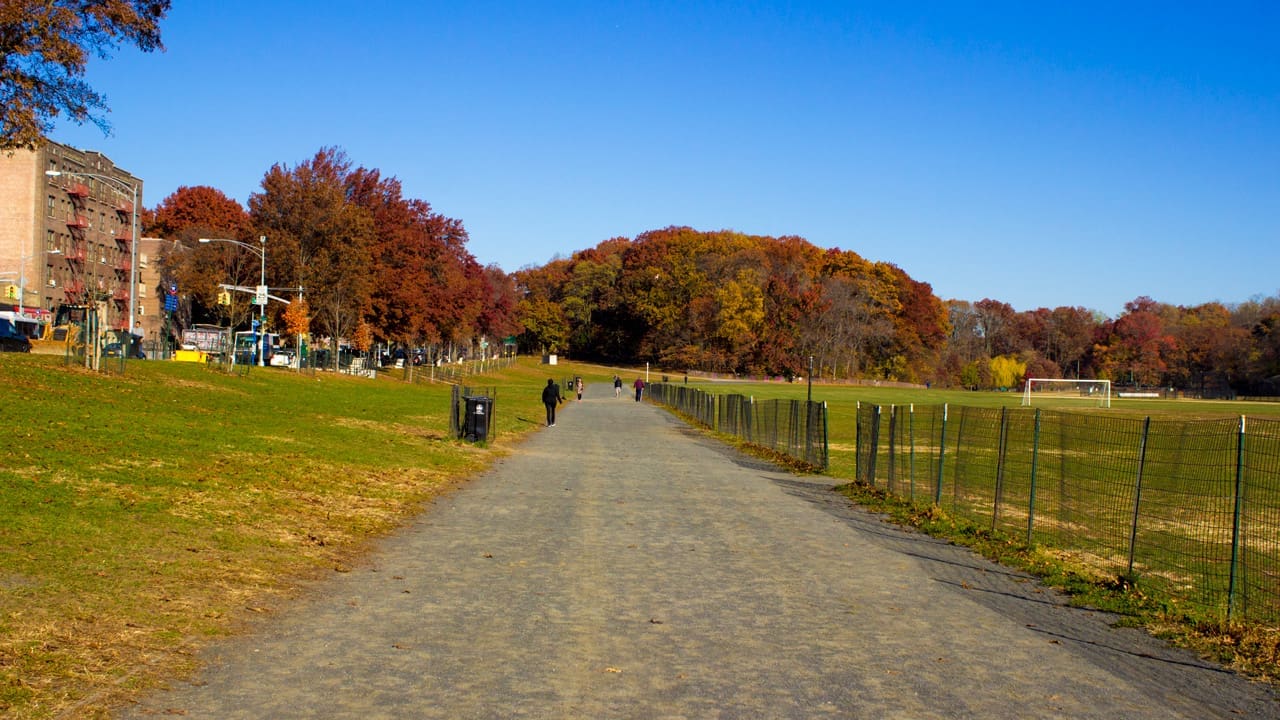 A fairly empty walkway in Van Cortlandt Park.
